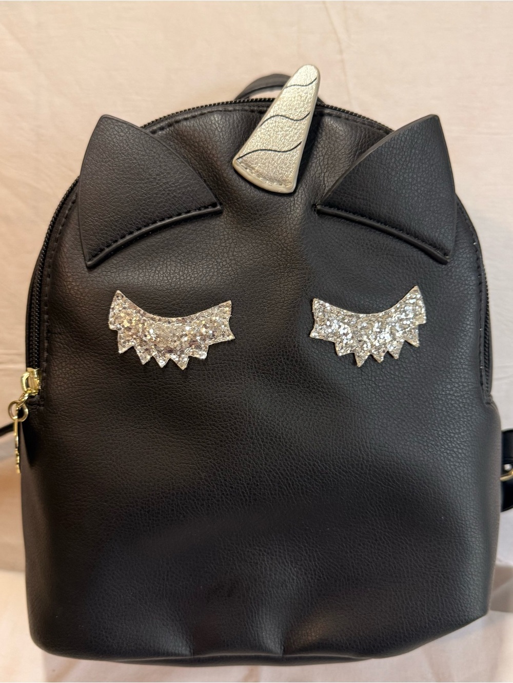 Betsey Johnson Black Mini Unicorn Backpack with Silver Glitter Accents